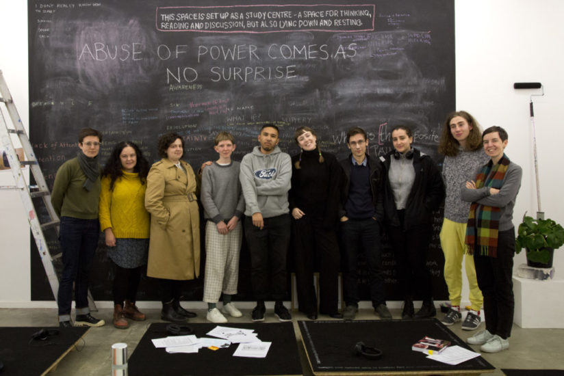 L-R Julia Bavyka, Sophie Corso, Pony, Grace Marlow, Jon Santos, Mia van den Bos, Vlad Kaleynik, Maryam Allami, Alex Sutcliffe, Mel Ratliff. <i>Mladen Stilinović Study Centre: On Work</i>, Julia Bavyka, June 2018